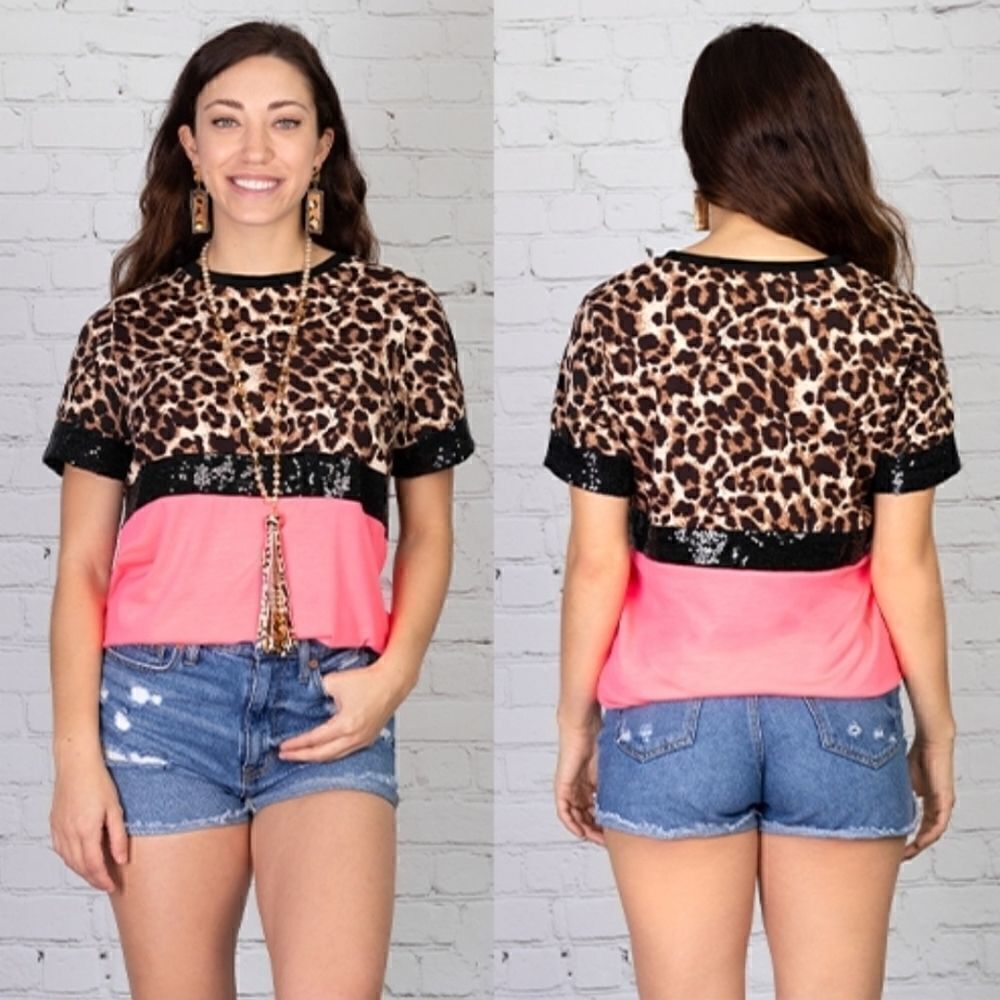 Leopard and pink sequin top